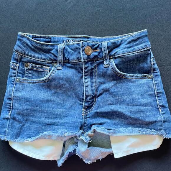 American Eagle Super Stretch Hi-Rise Shortie, 0, Blue Jean Shorts - Picture 1 of 4